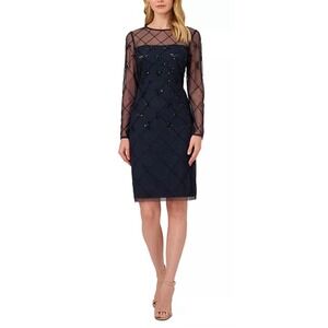 Papell‎ Studio Women's Blue Embellished Illusion Long-Sleeve Dress Size 2
